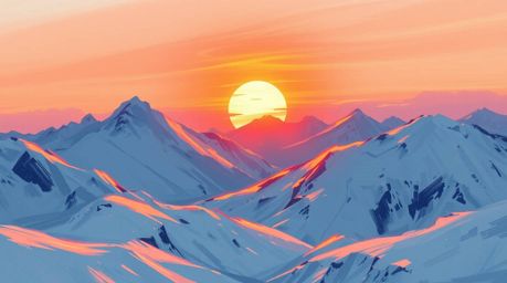 This digital sketch captures the breathtaking beauty of snow-covered mountains bathed in the ethereal glow of a pastel sunset