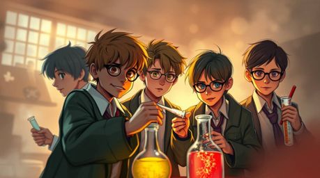 This artwork features a group of quirky kids in school uniforms performing experiments in a dynamic and atmospheric digital s