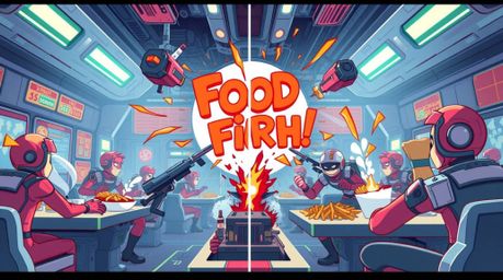 A futuristic sci-fi illustration showcasing a wild food fight in a cartoon cafeteria using a split-screen view. The image fea
