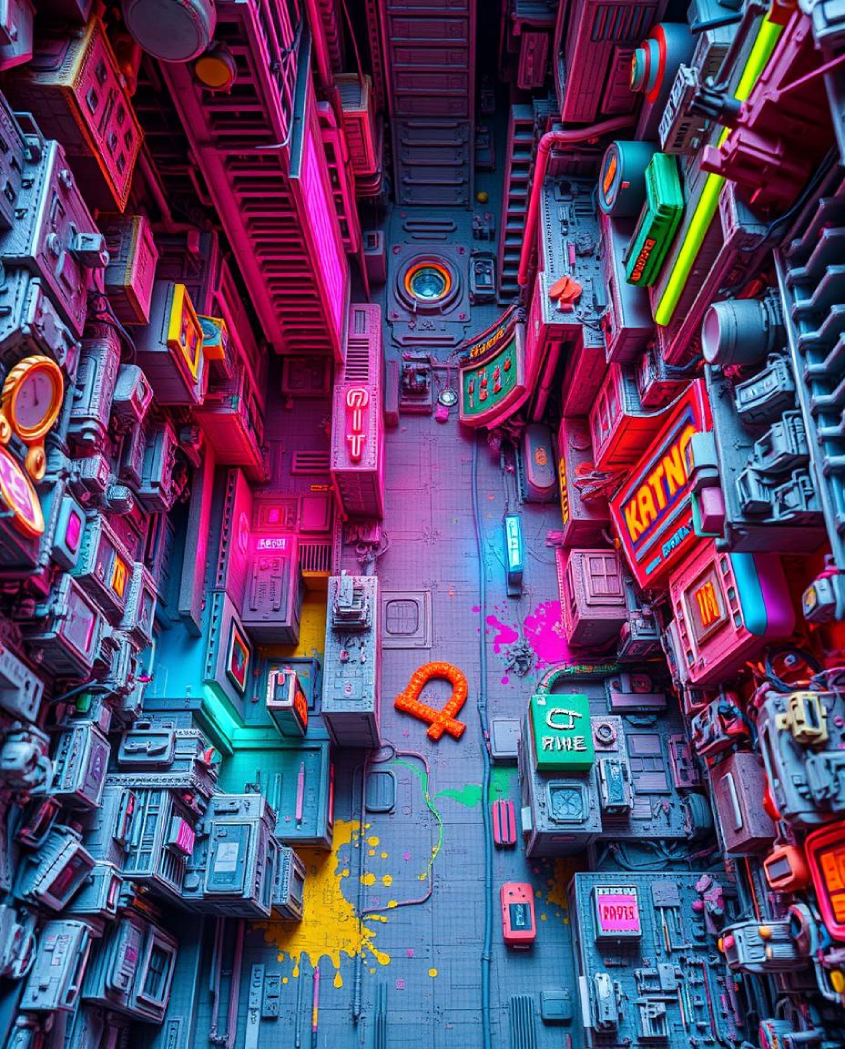 This stunning artwork depicts a futuristic cyberpunk cityscape meticulously crafted from layered papier-mâché.  The vibrant n