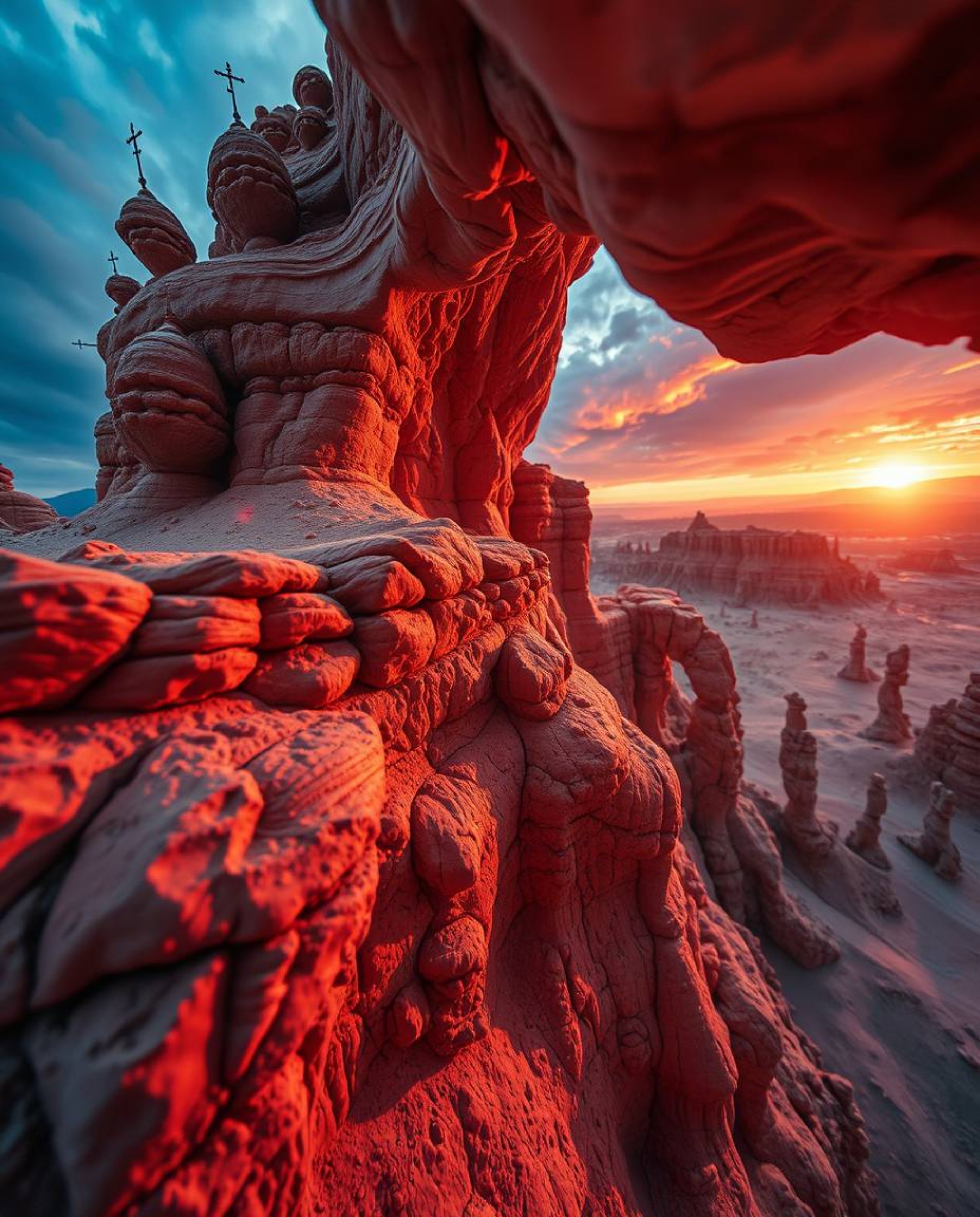 An extreme macro close-up captures a dreamlike and surreal image of a sunset illuminating sandstone cliffs. This bizarre scen