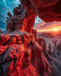 An extreme macro close-up captures a dreamlike and surreal image of a sunset illuminating sandstone cliffs. This bizarre scen