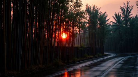 A captivating image of a bamboo forest at sunset, rendered in warm hues of red, orange, and yellow.  The scene features drizz