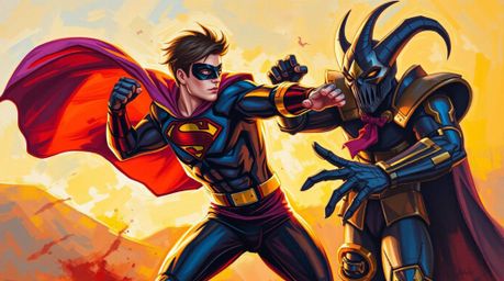 A dynamic acrylic painting depicts a bold superhero, clad in a cape, engaged in a comical battle with a silly villain.  Bathe