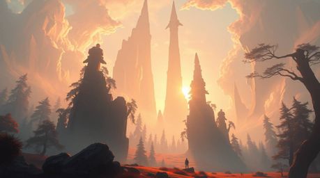 A captivating digital painting showcases a grand, futuristic forest bathed in the soft glow of a pastel sunset.  The scene ev