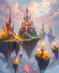 Immerse yourself in a digital painting that depicts a vibrant and enchanting kingdom filled with floating islands and majesti