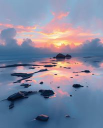 A rough, dynamic digital sketch captures a sunset sky mirrored in tidal pools, creating a mystic and enchanting environment. 