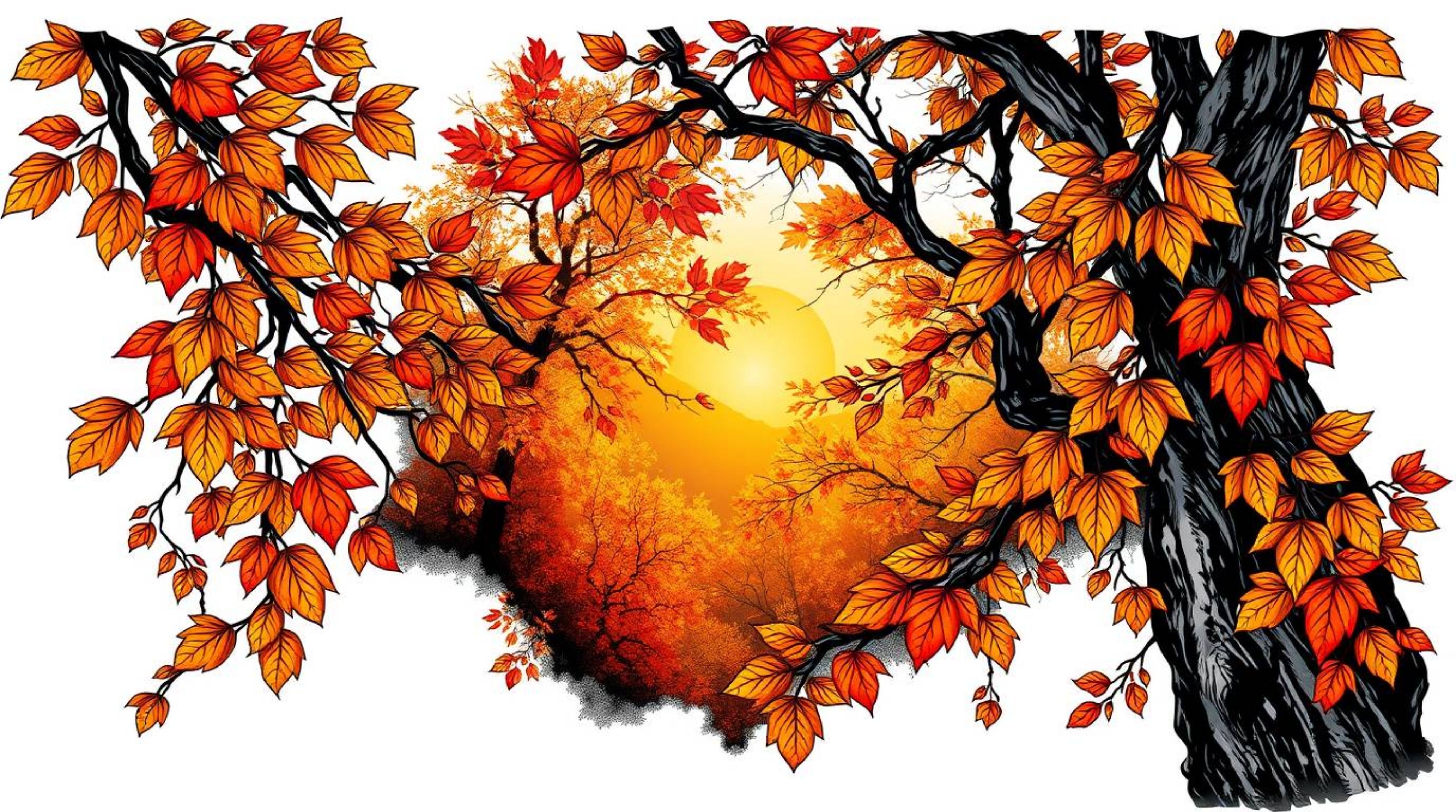 Discover stunning high-contrast, low-key tattoo art featuring a traditional print of an autumn forest. Golden leaves are illu