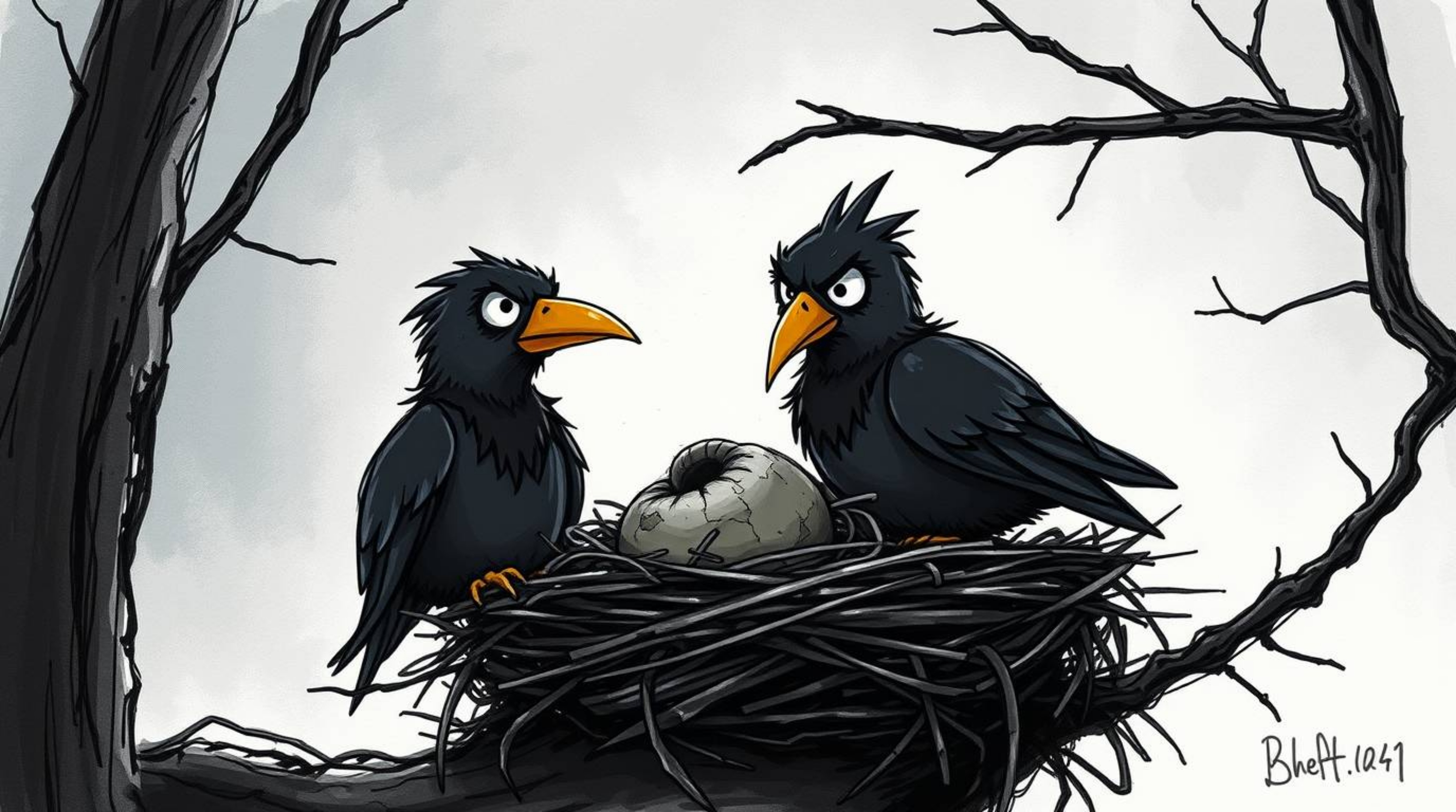 A hand-drawn sketch depicting two cartoon birds constructing a nest in a classic animation style. The image evokes an eerie a