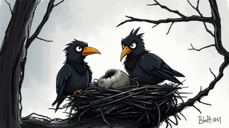 A hand-drawn sketch depicting two cartoon birds constructing a nest in a classic animation style. The image evokes an eerie a