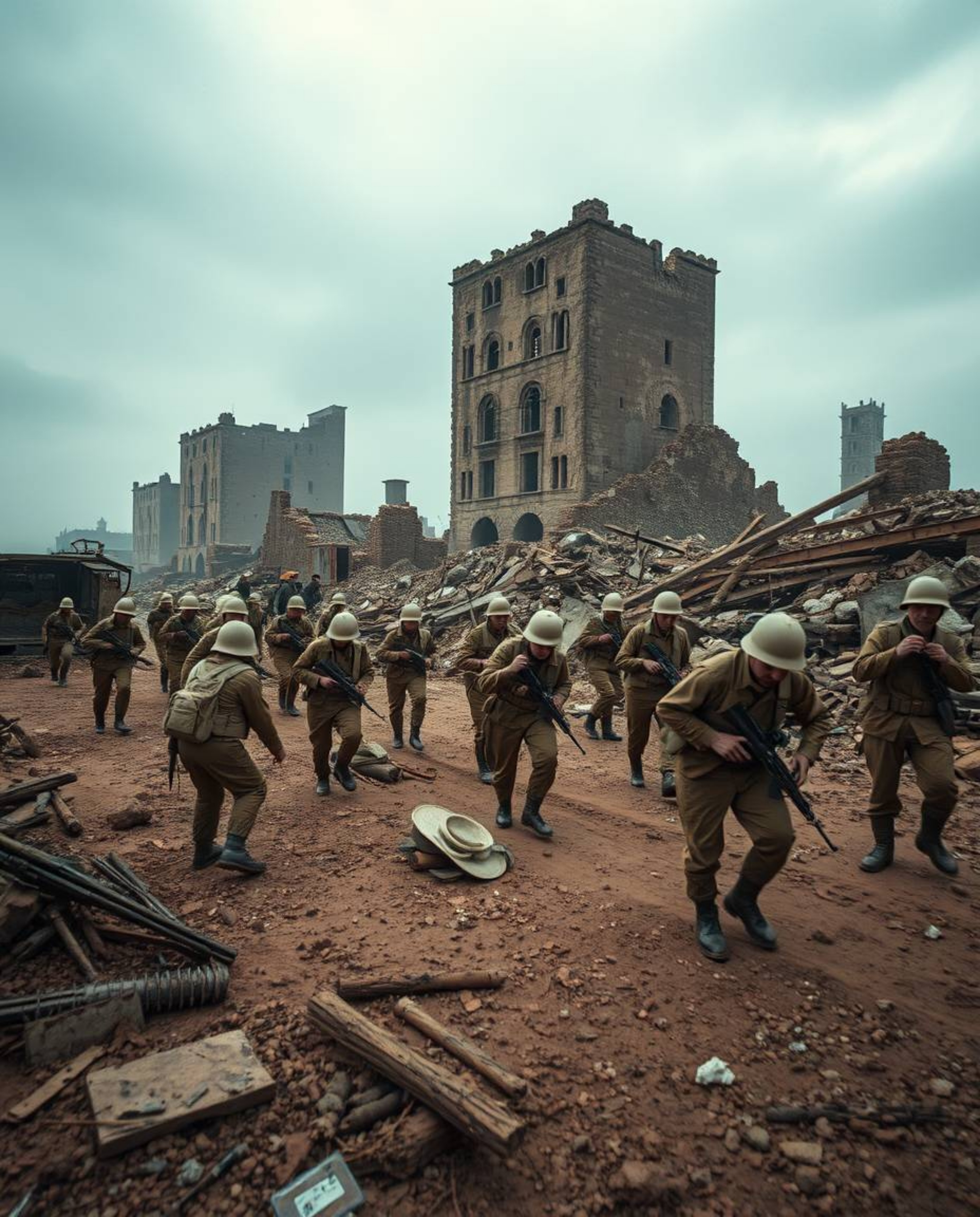 Explore a surreal battlefield where time-warped soldiers clash amidst crumbling structures. Captured with long exposure photo