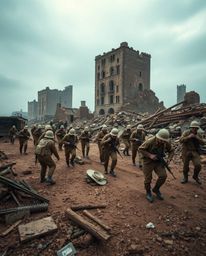 Explore a surreal battlefield where time-warped soldiers clash amidst crumbling structures. Captured with long exposure photo