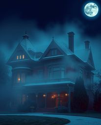 This image features a close-up shot of a fog-covered Victorian mansion bathed in moonlight, rendered in rich burgundy and dee