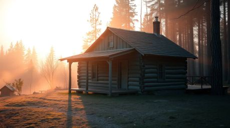 Experience the tranquility of an old wooden cabin nestled in the woods, bathed in the soft, dreamy light of a breathtaking su