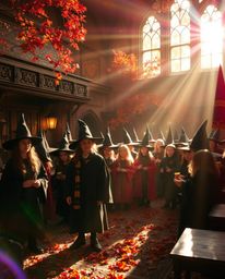 Immerse yourself in a magical school brimming with young wizards, bathed in the warm hues of autumn. Bright lens flares dance