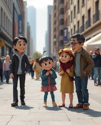 Capture the heartwarming essence of a family reunion in the style of Pixar with this candid street photograph. The image show