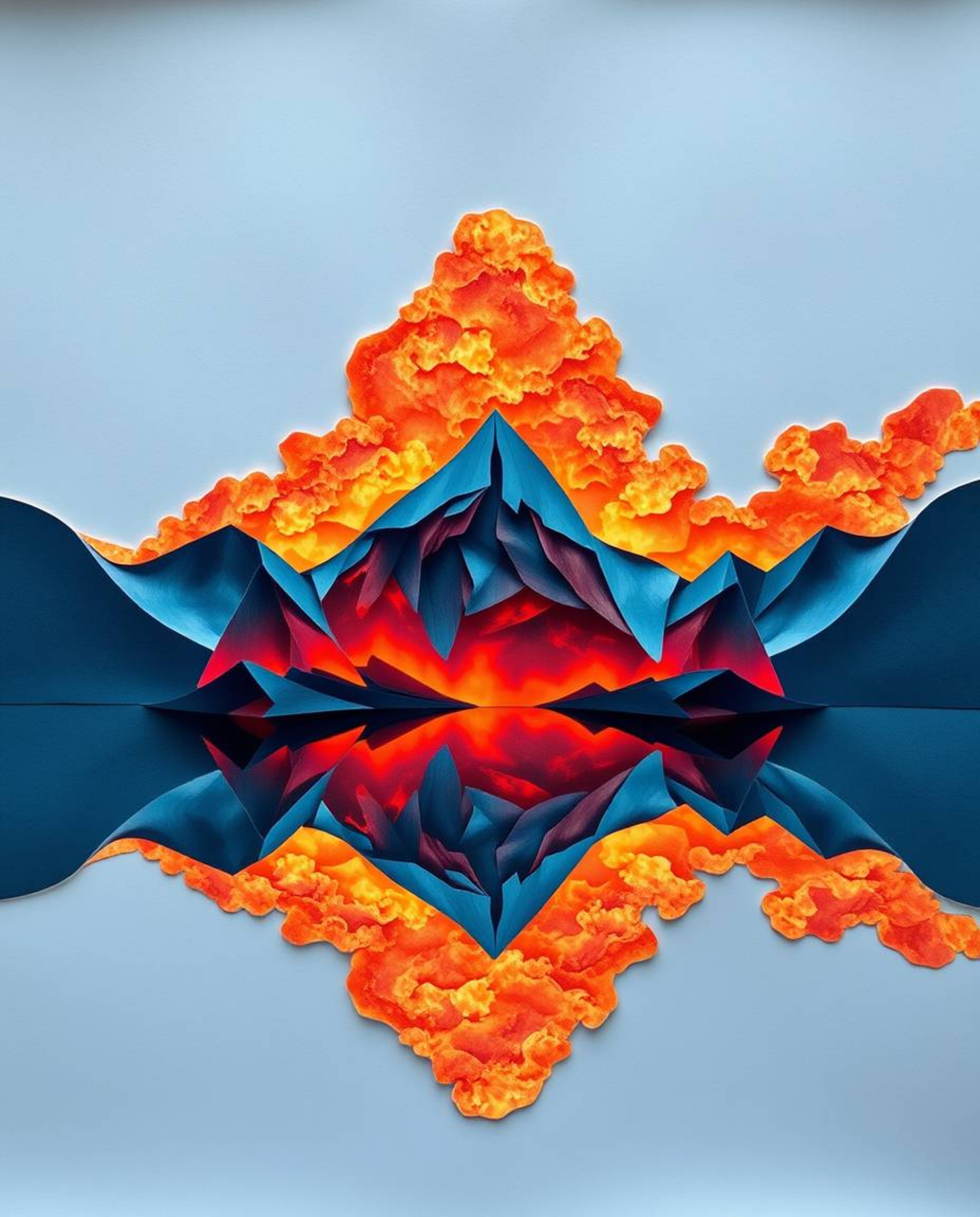 An intricate origami-style artwork depicts the reflections of fiery clouds in a mountain lake. This piece is defined by its f