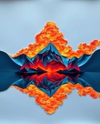 An intricate origami-style artwork depicts the reflections of fiery clouds in a mountain lake. This piece is defined by its f