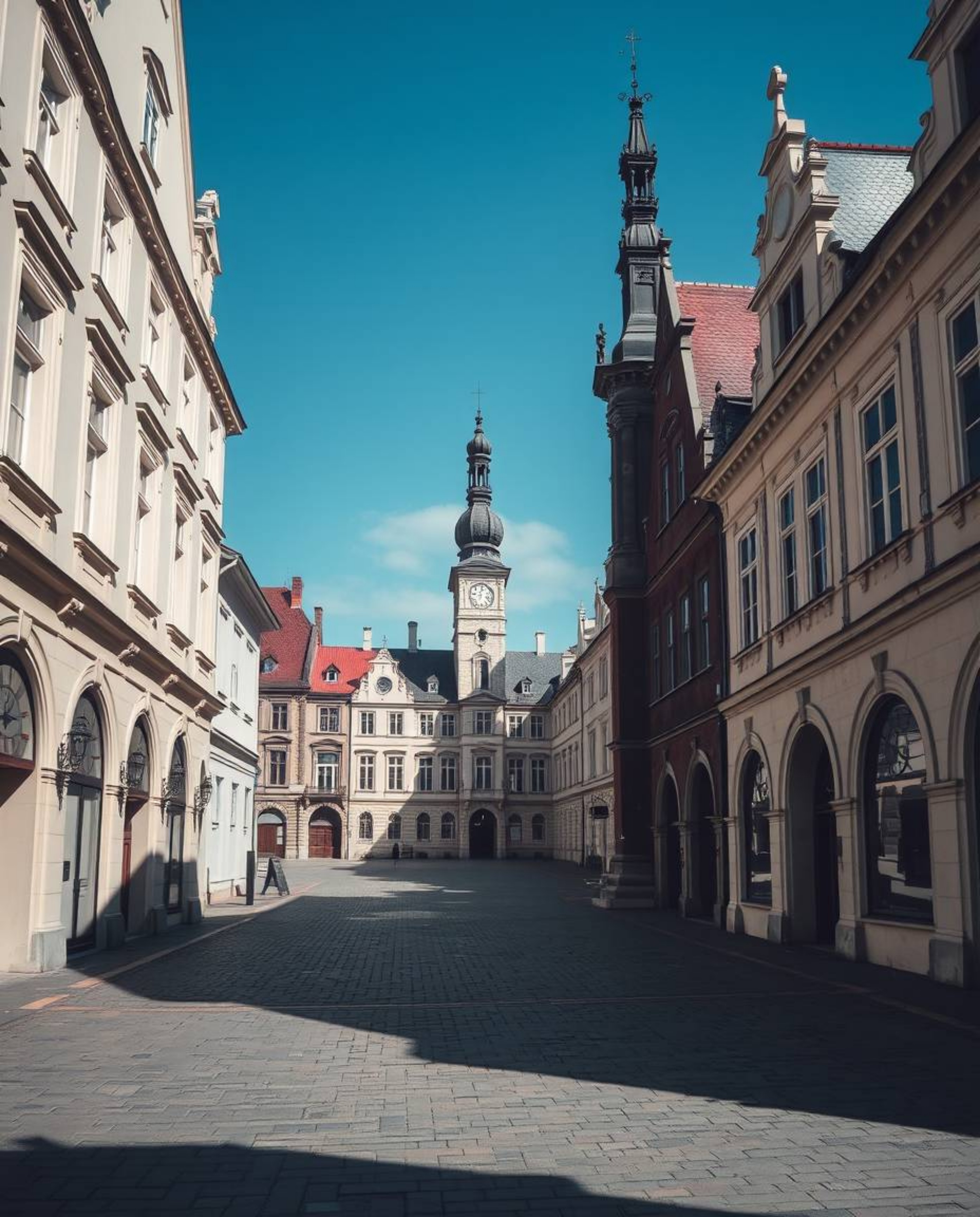 A captivating architectural photograph showcases an empty town square filled with the gentle tick of clocks. The image emphas