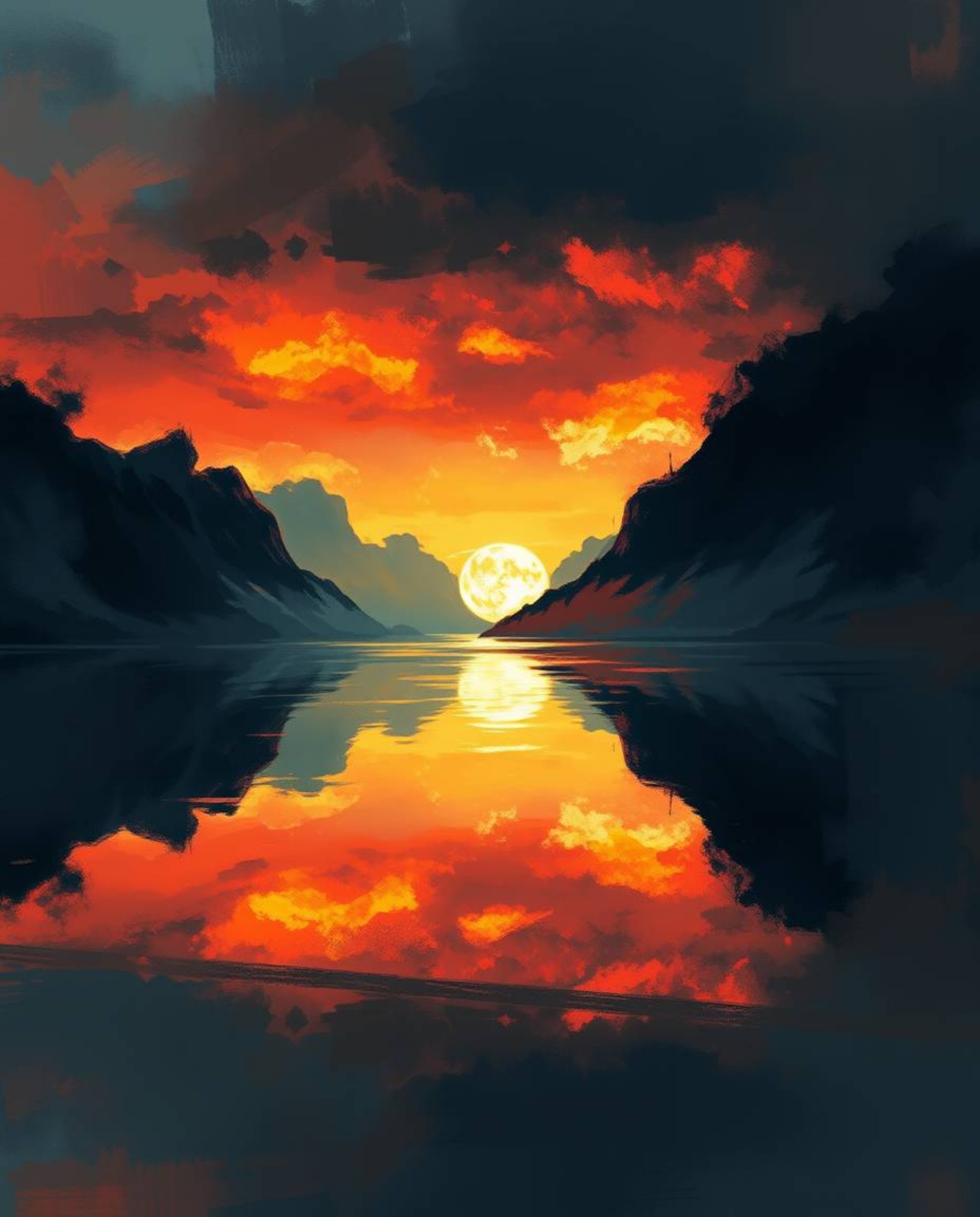 A moody digital sketch of a glassy fjord reflecting a sunset, created with loose, painterly strokes. The use of complementary
