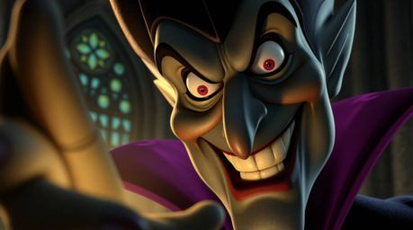 A captivating close-up reveals the face of a classic Disney villain, their piercing eyes and wicked smile intensely detailed.