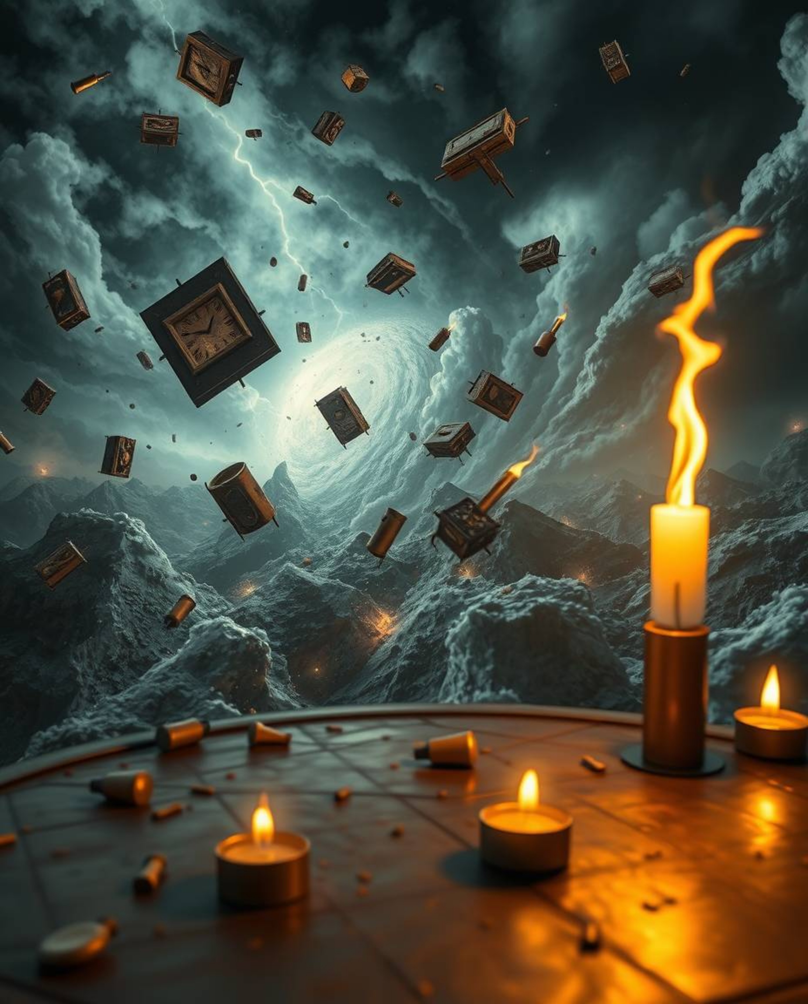 A captivating artwork depicting a surreal storm where objects float and gravity is defied. Rendered on a bronze surface, the