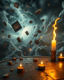 A captivating artwork depicting a surreal storm where objects float and gravity is defied. Rendered on a bronze surface, the 