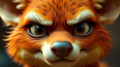Capture a warm, intimate close-up of a sarcastic animal sidekick, emphasizing their expressive eyes and a vibrant color palet