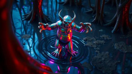 A captivating high-angle shot reveals an iridescent ogre performing a vibrant dance in a swamp, its movements creating mesmer