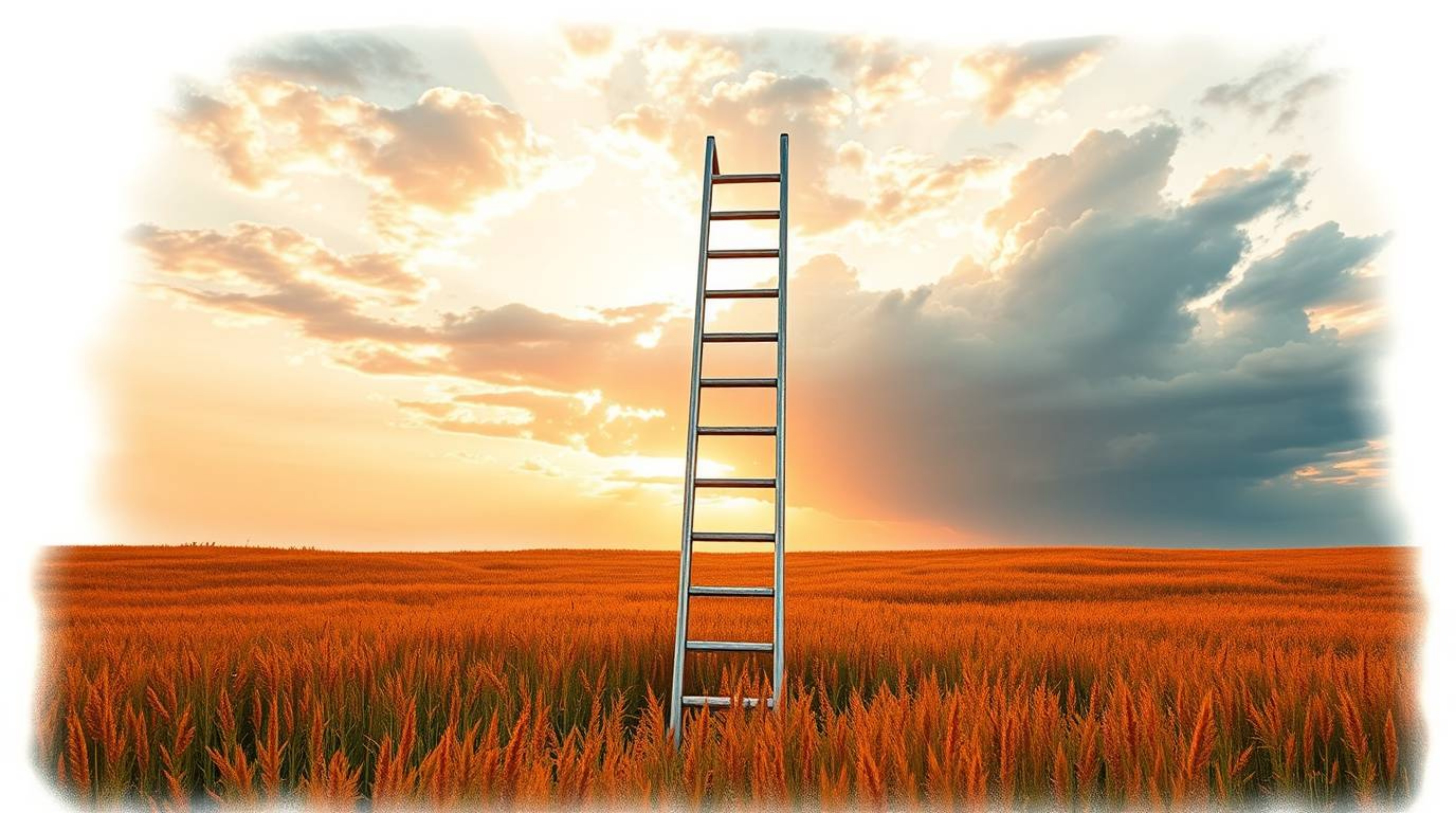 Explore stunning tattoo designs featuring a silver ladder in an open field under a cloudy sky, bathed in the warm glow of gol