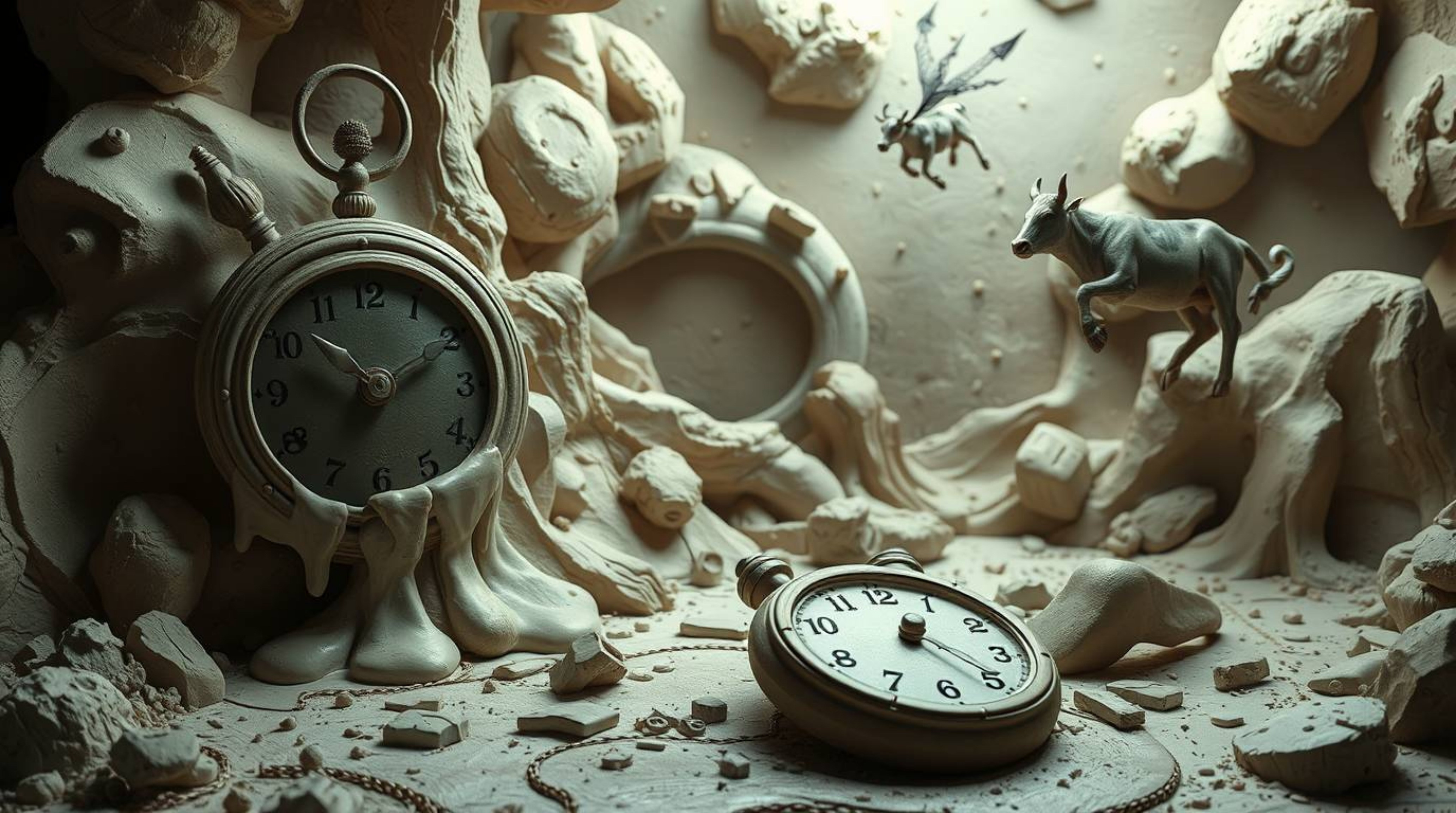 This captivating clay artwork transports viewers to a surreal dreamscape, rendered in a dramatic, cinematic style. The sculpt