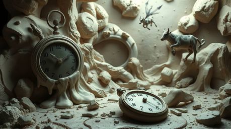 This captivating clay artwork transports viewers to a surreal dreamscape, rendered in a dramatic, cinematic style. The sculpt