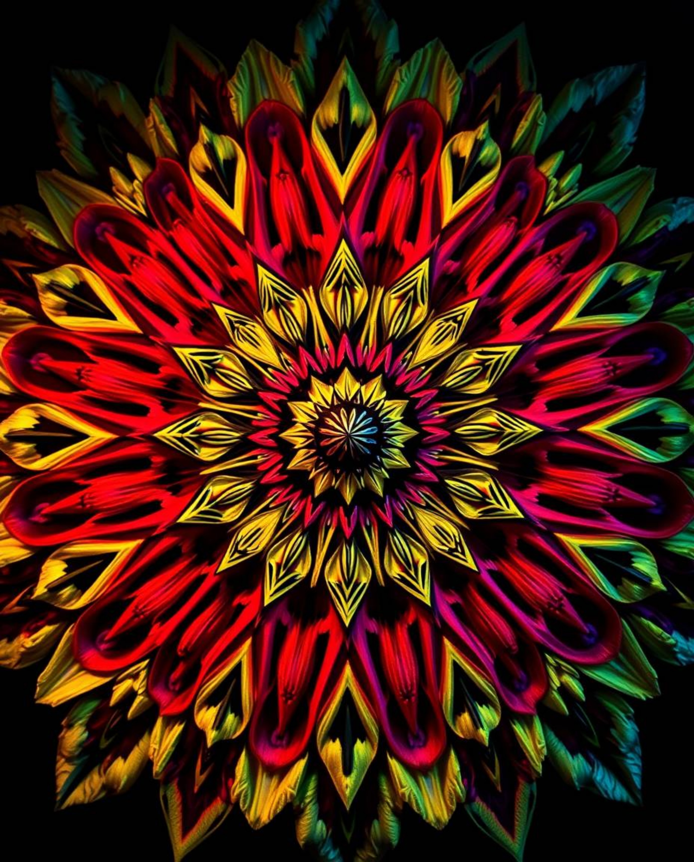 Explore a mesmerizing extreme macro close-up of a geometric floral mandala, showcasing vibrant colors and a perfectly symmetr