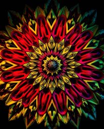 Explore a mesmerizing extreme macro close-up of a geometric floral mandala, showcasing vibrant colors and a perfectly symmetr