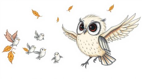 A heartwarming hand-drawn sketch in Pixar style depicts a blind owl with soft feathers and large, expressive eyes, lovingly g