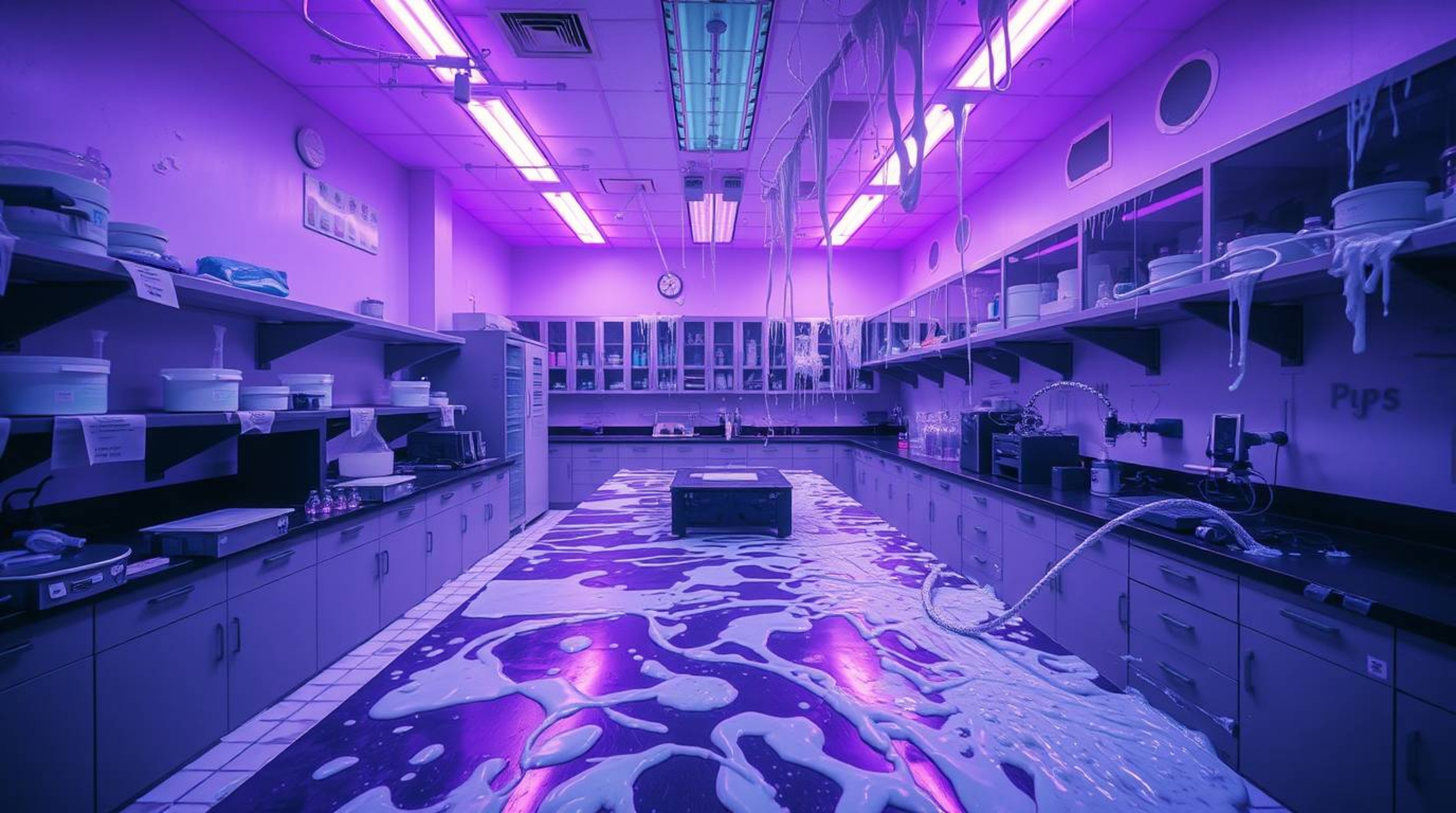 Explore a surreal, slime-covered science lab bathed in deep ultraviolet hues, captured in a long exposure photograph. The ima