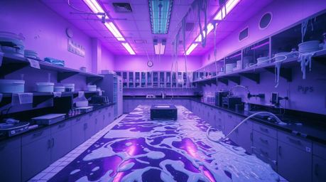Explore a surreal, slime-covered science lab bathed in deep ultraviolet hues, captured in a long exposure photograph. The ima