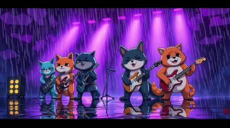 Experience a vibrant isekai anime style digital painting featuring a band of cartoon animals playing rock music amidst drizzl