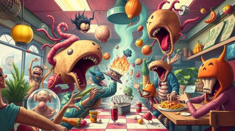 Experience a dreamlike and surreal scene of a wild food fight erupting in a cartoon cafeteria. Filled with fantastical elemen