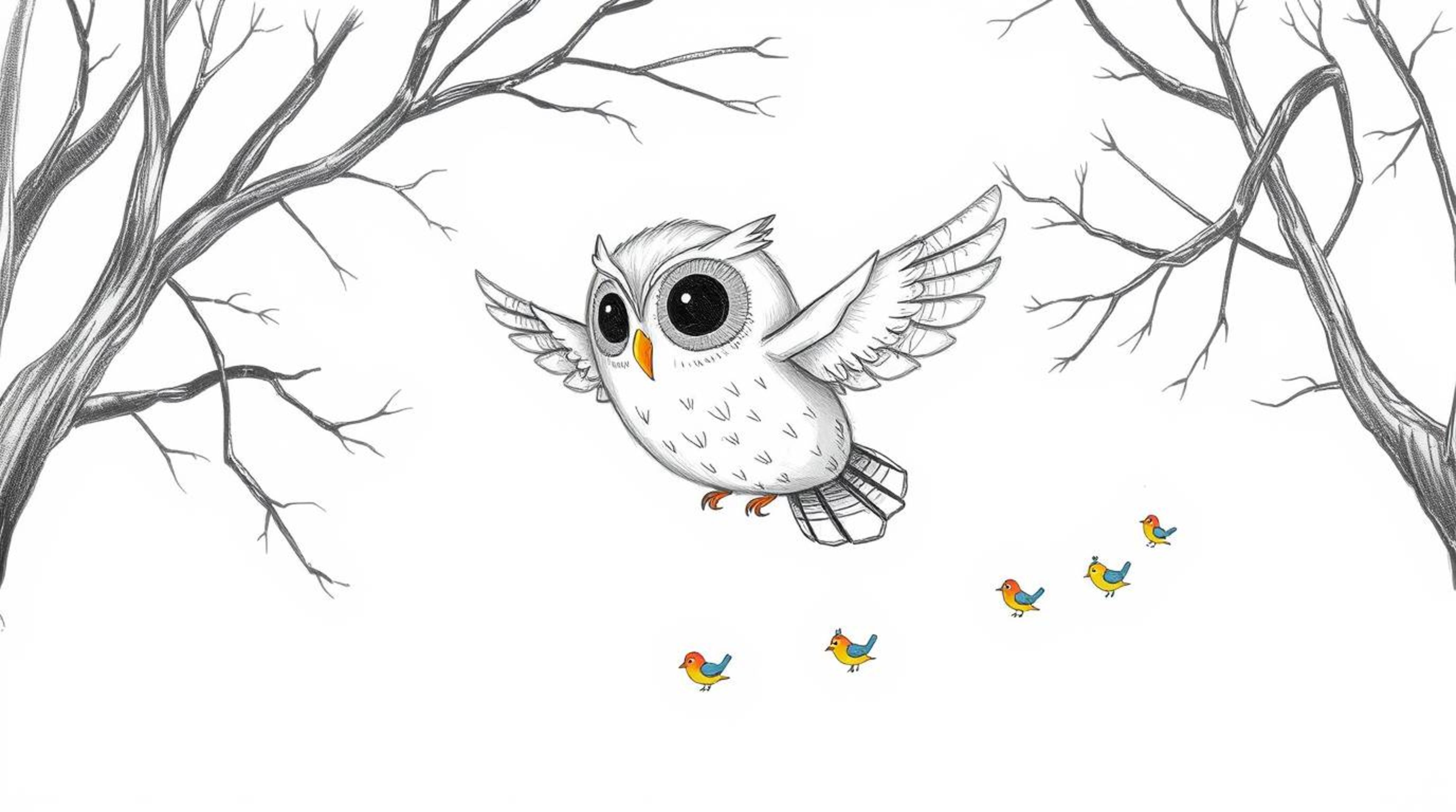 A charming and whimsical scene unfolds with a hand-drawn sketch reminiscent of Pixar, featuring a blind, wise-looking owl wit