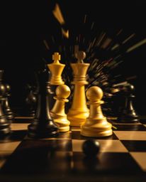 A dynamic chessboard scene frozen mid-destruction, captured with high contrast and low-key lighting to emphasize blurred line