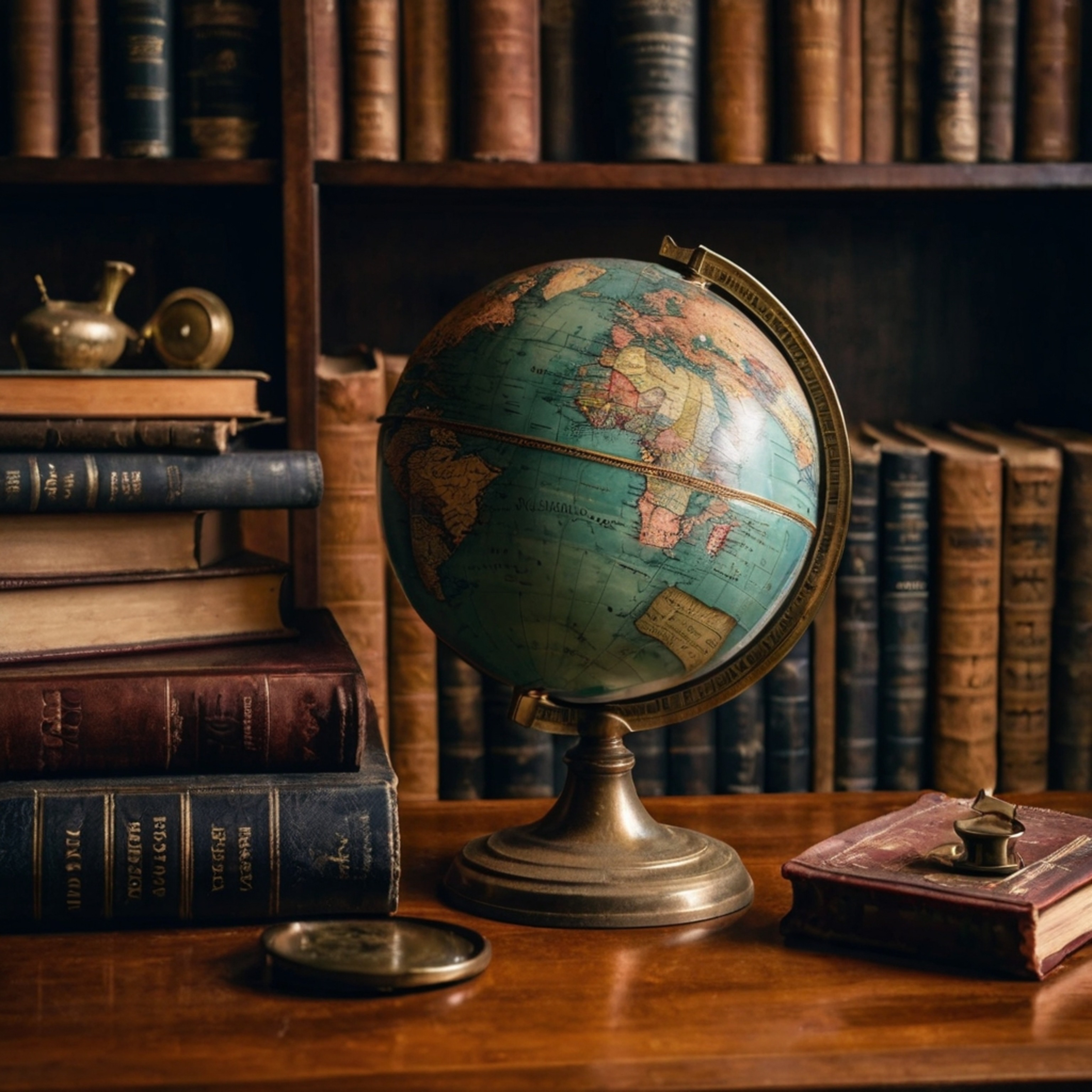 A captivating scene featuring a vintage globe with faded countries, resting on a desk amidst a collection of old books and a 