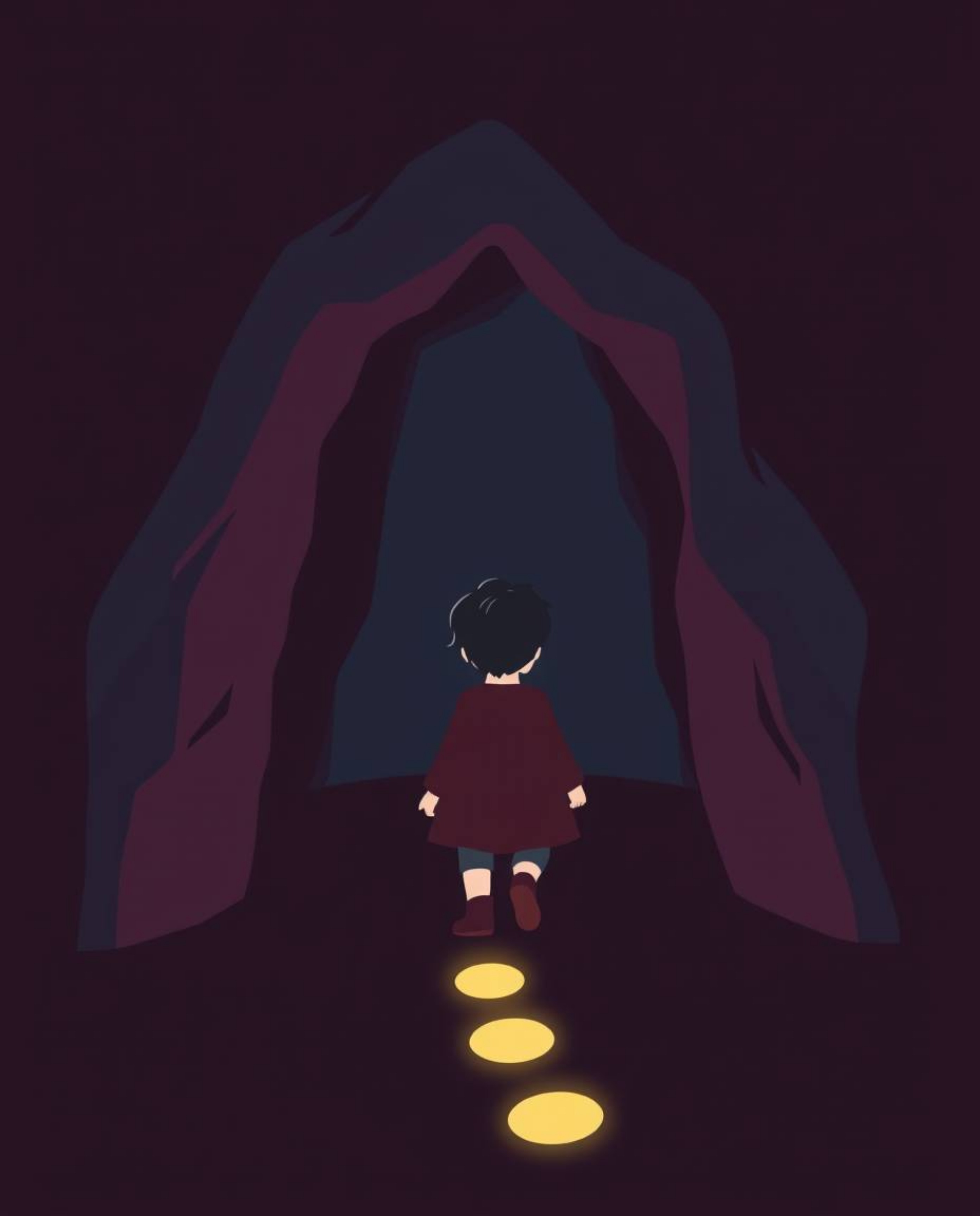 A modern flat design illustration featuring a child with dark hair following a trail of glowing footsteps into a cave. The ar