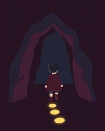 A modern flat design illustration featuring a child with dark hair following a trail of glowing footsteps into a cave. The ar