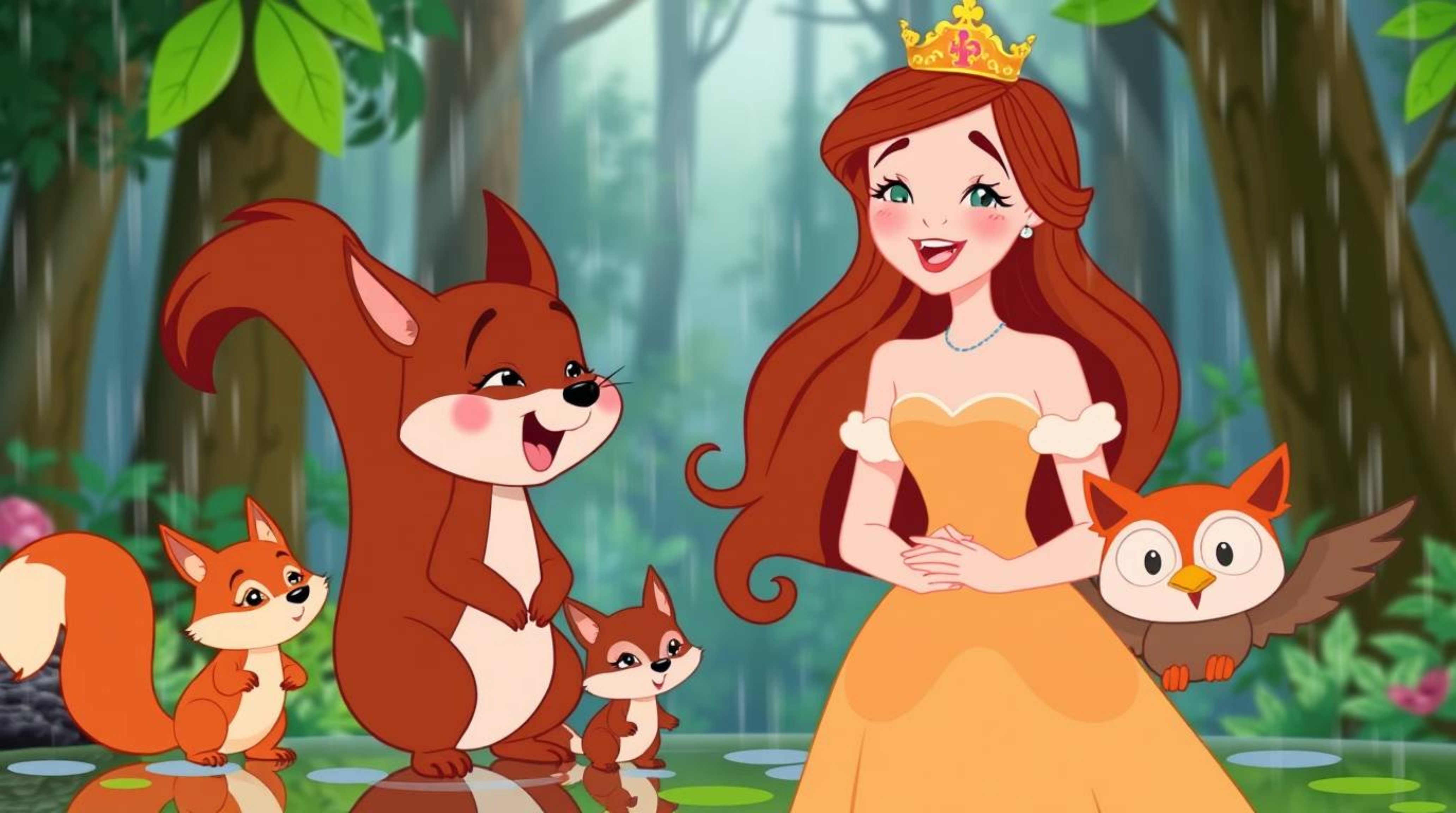 Experience a delightful forest scene featuring a rosy-cheeked princess with flowing auburn hair, joyfully singing alongside a