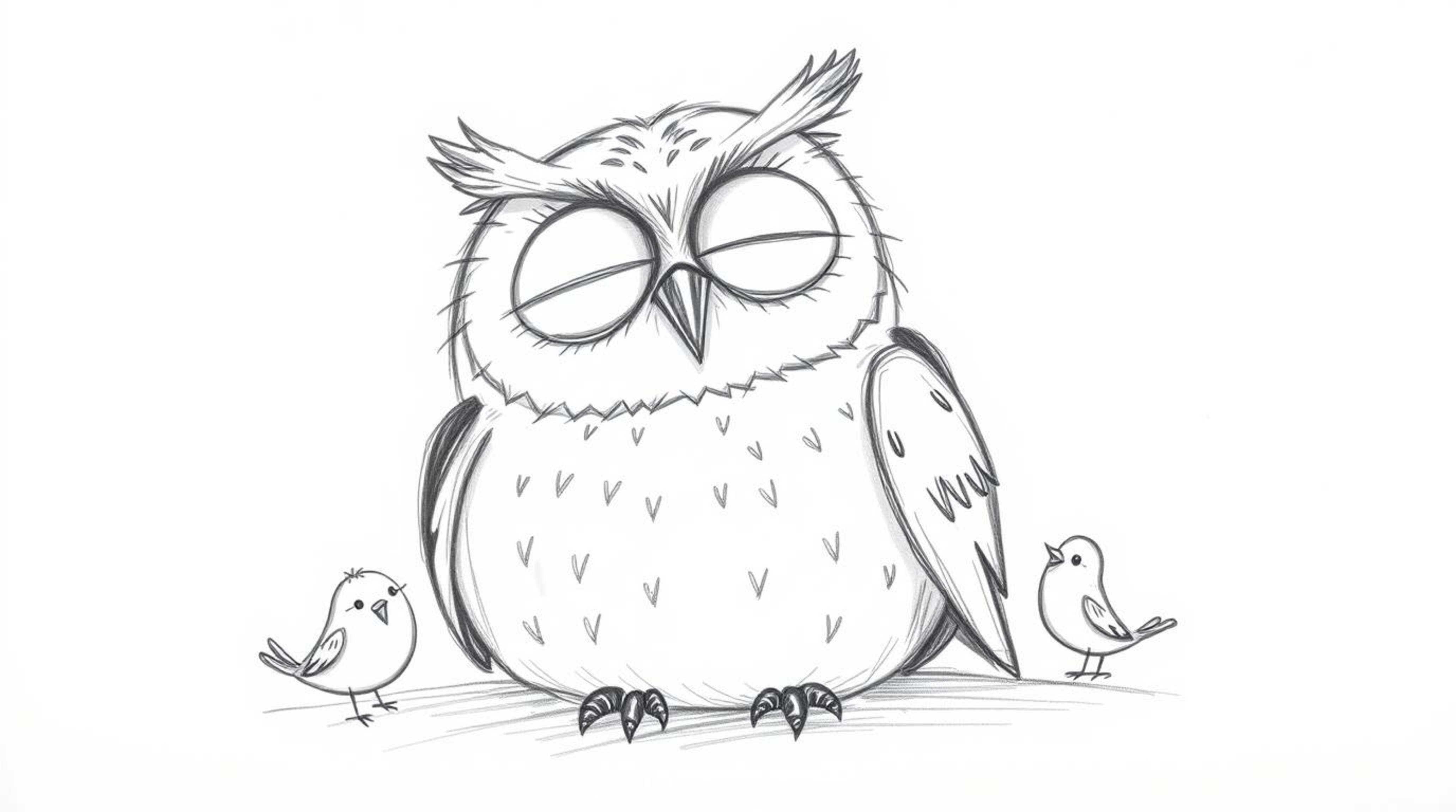 A heartwarming, hand-drawn sketch in the style of Pixar features a blind owl with gentle, rounded features peacefully resting