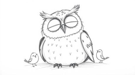 A heartwarming, hand-drawn sketch in the style of Pixar features a blind owl with gentle, rounded features peacefully resting