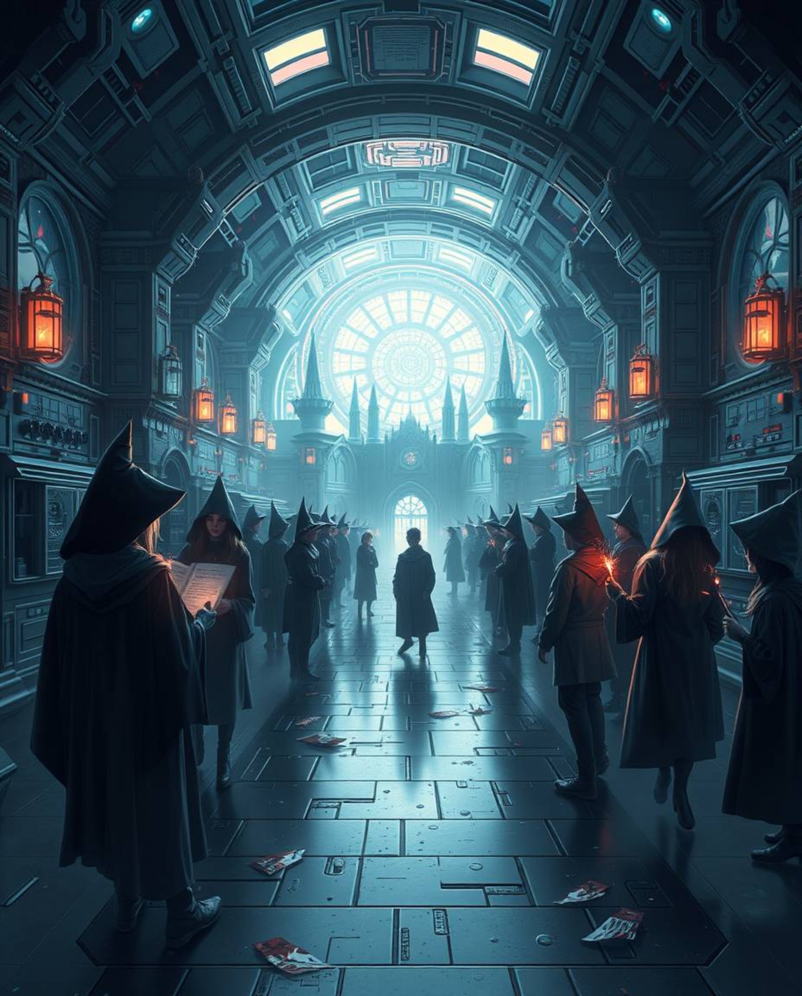 Explore a magical school teeming with young wizards reimagined in a futuristic sci-fi style. This depiction features a strong