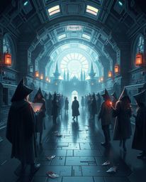 Explore a magical school teeming with young wizards reimagined in a futuristic sci-fi style. This depiction features a strong