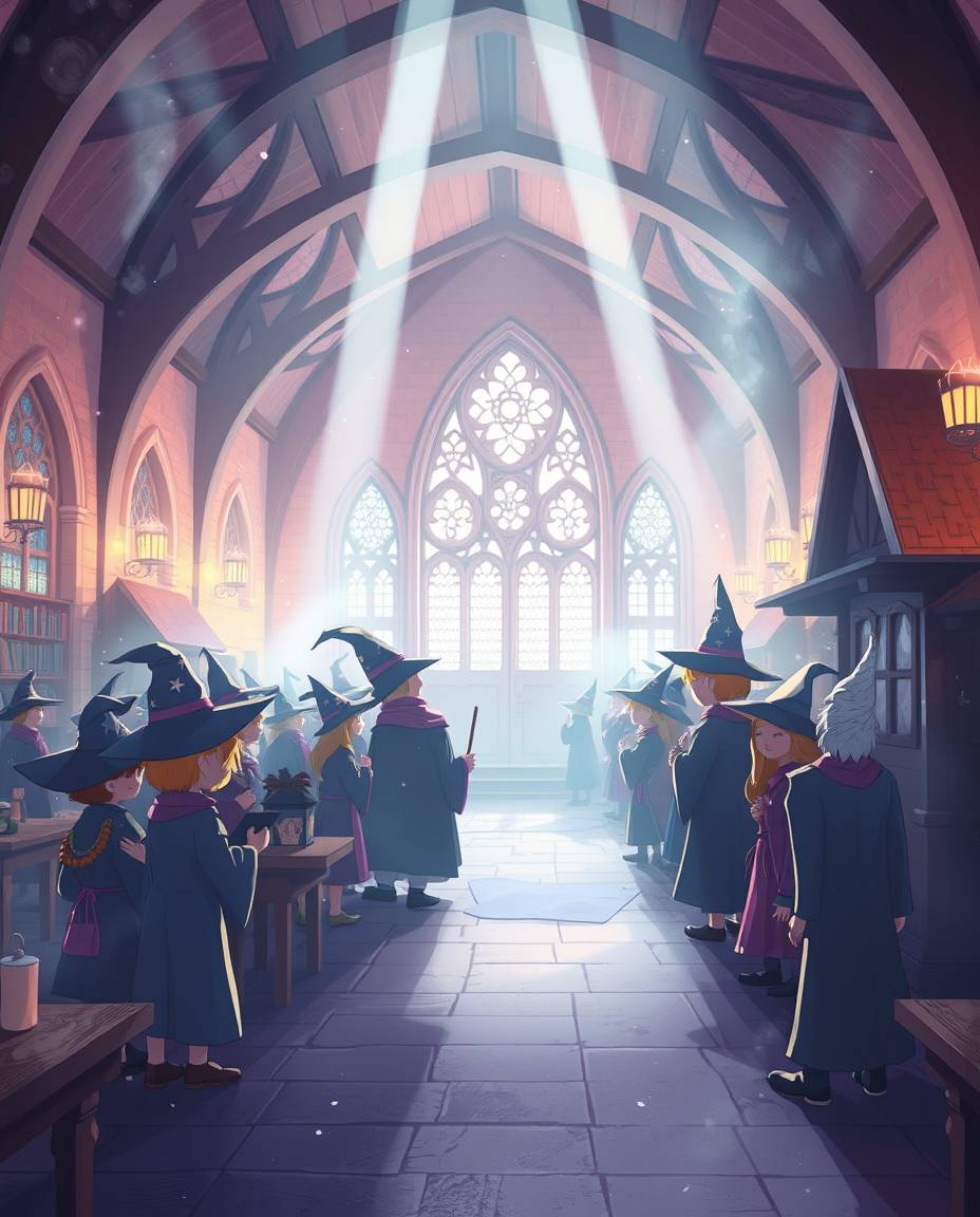 A captivating illustration depicts a magical school brimming with young wizards. Rendered in soft pastel colors and enhanced 